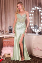 CD CC408 - Glitter Stretch Satin Fit & Flare Prom Gown with Bead Embellished Structured Corset Bodice & Leg Slit PROM GOWN Cinderella Divine 0 Sage