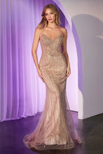 CD CC416 - Strapless Sequin Patterned Fit & Flare Prom Gown with Sheer Bodice & Open Lace Up Back