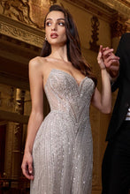 CD CC416 - Strapless Sequin Patterned Fit & Flare Prom Gown with Sheer Bodice & Open Lace Up Back