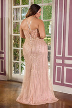 CD CC416C - Plus Size Strapless Sequin Patterned Fit & Flare Prom Gown with Sheer Bodice & Open Lace Up Back - Diggz Formals