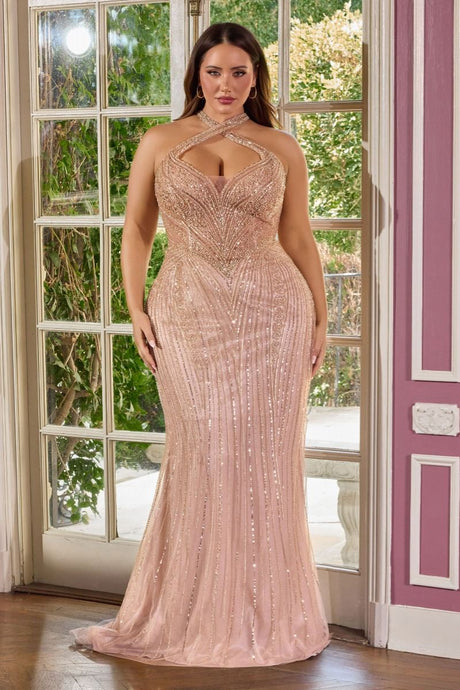 CD CC416C - Plus Size Strapless Sequin Patterned Fit & Flare Prom Gown with Sheer Bodice & Open Lace Up Back