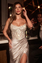 CD CC467 - Strapless Stretch Satin Fit & Flare Prom Gown with Sheer Beaded Scoop Neck Bodice Leg Slit & Open Lace Up Back PROM GOWN Cinderella Divine