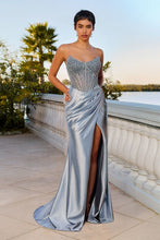 CD CC467 - Strapless Stretch Satin Fit & Flare Prom Gown with Sheer Beaded Scoop Neck Bodice Leg Slit & Open Lace Up Back PROM GOWN Cinderella Divine 0 Smoky Blue