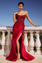 CD CC475 - Strapless Shimmer Stretch Satin Fit & Flare Prom Gown with Beaded Lace Scoop Neck Bodice Leg Slit & Open Lace Up Back PROM GOWN Cinderella Divine 0 Deep Red