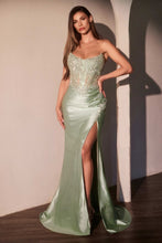 CD CC475 - Strapless Shimmer Stretch Satin Fit & Flare Prom Gown with Beaded Lace Scoop Neck Bodice Leg Slit & Open Lace Up Back PROM GOWN Cinderella Divine 0 Sage