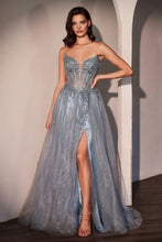 CD CC487 - Strapless Shimmering Tulle A-line prom Gown with Bead Embellished Bodice & Lace Up Corset Back PROM GOWN Cinderella Divine 2 Smoky Blue