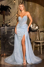 CD CC492 - Strapless Linear Beaded Fit & Flare Prom Gown with Sheer Beaded Corset Bodice Leg Slit Lace Up Back & Optional Detachable Tulle Overskirt PROM GOWN Cinderella Divine 0 light blue