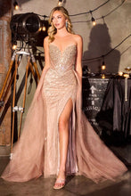 CD CC492 - Strapless Linear Beaded Fit & Flare Prom Gown with Sheer Beaded Corset Bodice Leg Slit Lace Up Back & Optional Detachable Tulle Overskirt PROM GOWN Cinderella Divine 0 Mocha Gold