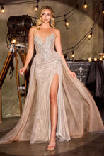 CD CC492 - Strapless Linear Beaded Fit & Flare Prom Gown with Sheer Beaded Corset Bodice Leg Slit Lace Up Back & Optional Detachable Tulle Overskirt PROM GOWN Cinderella Divine