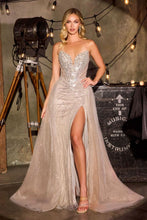 CD CC492 - Strapless Linear Beaded Fit & Flare Prom Gown with Sheer Beaded Corset Bodice Leg Slit Lace Up Back & Optional Detachable Tulle Overskirt PROM GOWN Cinderella Divine 0 Silver/Nude