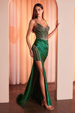 CD CC8868 - Stretch Satin Fit & Flare Prom Gown with Sheer Crystal Embellished Bodice Detailed Leg Slit & Lace-up Corset Back PROM GOWN Cinderella Divine 0 Emerald