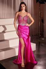 CD CC8868 - Stretch Satin Fit & Flare Prom Gown with Sheer Crystal Embellished Bodice Detailed Leg Slit & Lace-up Corset Back PROM GOWN Cinderella Divine 0 Fuchsia