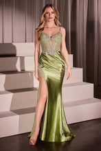 CD CC8868 - Stretch Satin Fit & Flare Prom Gown with Sheer Crystal Embellished Bodice Detailed Leg Slit & Lace-up Corset Back PROM GOWN Cinderella Divine 0 Greenery