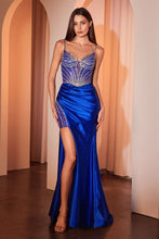 CD CC8868 - Stretch Satin Fit & Flare Prom Gown with Sheer Crystal Embellished Bodice Detailed Leg Slit & Lace-up Corset Back PROM GOWN Cinderella Divine 0 Royal Blue