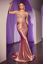 CD CC8884 - Stretch Satin Fit & Flare Prom Gown with Sheer Beaded Bodice & Open Lace Up Bacl PROM GOWN CINDERELLA DIVINE 0 Rose gold