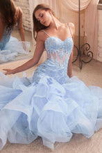 CD CC8915 - Rose Applique Mermaid Prom Gown with Sheer Corset Bodice & Layered Tiered Skirt PROM GOWN Cinderella Divine 2 LIGHT BLUE 