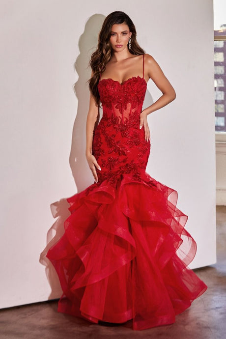 CD CC8915 - Rose Applique Mermaid Prom Gown with Sheer Corset Bodice & Layered Tiered Skirt PROM GOWN Cinderella Divine 4 RED 