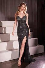 CD CC8918 - Full Sequin Fit & flare Prom Gown with V-Neck Leg Slit & Open Detailed Lace Up Back PROM GOWN Cinderella Divine