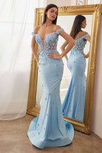 CD CC8952 - Off the Shoulder 3D Floral Mermaid Prom Gown with Sheer Boned V-Neck Bodice PROM GOWN Cinderella Divine 2 BLUE 
