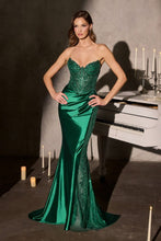 CD CC9031 - Fit & Flare Prom Gown with Rhinestone Embellished Lace Corset Bodice Sheer Bead Embellished Leg Slit & Open Lace Up Back PROM GOWN Cinderella Divine 0 Emerald
