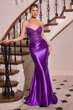 CD CC9031 - Fit & Flare Prom Gown with Rhinestone Embellished Lace Corset Bodice Sheer Bead Embellished Leg Slit & Open Lace Up Back PROM GOWN Cinderella Divine 0 Purple