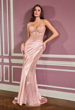 CD CC9031 - Fit & Flare Prom Gown with Rhinestone Embellished Lace Corset Bodice Sheer Bead Embellished Leg Slit & Open Lace Up Back PROM GOWN Cinderella Divine 0 Rose gold