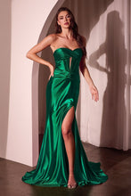 CD CD0103- Strapless Satin Fit & Flare Prom Grown with Keyhole Pleated Boned Sweetheart Bodice & Leg Slit PROM GOWN Cinderella Divine XXS Emerald