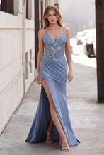 CD CD0106 - Stretch Glitter Satin Fit & Flare Prom Gown with Embellished Beaded Lace Bodice & Leg Slit PROM GOWN Cinderella Divine 0 Paris Blue