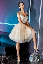 CD CD0132 - Short Off the Shoulder A-Line Homecoming Dress with Lace Detail Glitter Tulle Skirt & Lace Up Corset Back Homecoming Cinderella Divine XS CHAMPAGNE 