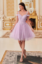 CD CD0132 - Short Off the Shoulder A-Line Homecoming Dress with Lace Detail Glitter Tulle Skirt & Lace Up Corset Back Homecoming Cinderella Divine XS LAVENDER 
