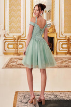 CD CD0132 - Short Off the Shoulder A-Line Homecoming Dress with Lace Detail Glitter Tulle Skirt & Lace Up Corset Back Homecoming Cinderella Divine XS SAGE 
