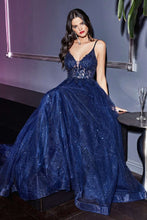CD CD0154 - A-Line Prom Gown with Sheer Beaded Applique Bodice & Shimmer Tulle Skirt PROM GOWN Cinderella Divine XXS NAVY 