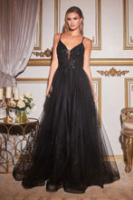 CD CD0154 - A-Line Prom Gown with Sheer Beaded Applique Bodice & Shimmer Tulle Skirt PROM GOWN Cinderella Divine XS BLACK 