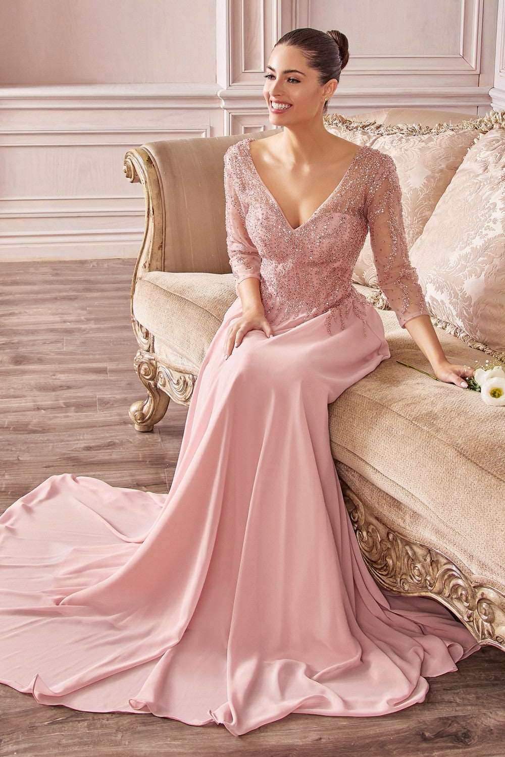 CD CD0171 - Flowy Chiffon A-Line Formal Gown with Sheer Sleeves & Bead Embellished V-Neck Bodice PROM GOWN Cinderella Divine M DUSTY ROSE 