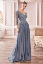 CD CD0171 - Flowy Chiffon A-Line Formal Gown with Sheer Sleeves & Bead Embellished V-Neck Bodice PROM GOWN Cinderella Divine M SMOKY BLUE 
