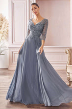 CD CD0171 - Flowy Chiffon A-Line Formal Gown with Sheer Sleeves & Bead Embellished V-Neck Bodice PROM GOWN Cinderella Divine   