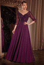 CD CD0171 - Flowy Chiffon A-Line Formal Gown with Sheer Sleeves & Bead Embellished V-Neck Bodice Mother of the Bride Cinderella Divine M EGGPLANT