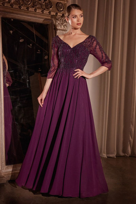 CD CD0171 - Flowy Chiffon A-Line Formal Gown with Sheer Sleeves & Bead Embellished V-Neck Bodice Mother of the Bride Cinderella Divine M EGGPLANT