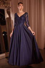 CD CD0171 - Flowy Chiffon A-Line Formal Gown with Sheer Sleeves & Bead Embellished V-Neck Bodice Mother of the Bride Cinderella Divine M NAVY