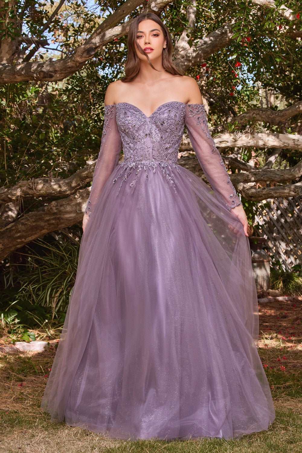 CD CD0172 - A Line Off the Shoulder Prom Gown with Long Sleeves & Sweetheart Neckline Prom Dress Cinderella Divine M ENGLISH VIOLET 