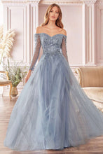 CD CD0172 - A Line Off the Shoulder Prom Gown with Long Sleeves & Sweetheart Neckline Prom Dress Cinderella Divine L SMOKY BLUE 