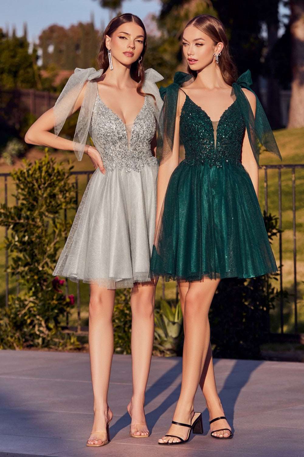 CD CD0174 - A Line Homecoming Dress with Lace Embroidered Bodice & Tulle Bow Straps Homecoming Cinderella Divine XS EMERALD 