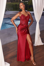 CD CD0176 - Stretch Satin Fit & Flare Prom Gown with Ruched Waist Sheer Sequin Boned Corset Bodice & Leg Slit PROM GOWN Cinderella Divine XXS BURGUNDY 