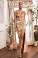 CD CD0176 - Stretch Satin Fit & Flare Prom Gown with Ruched Waist Sheer Sequin Boned Corset Bodice & Leg Slit PROM GOWN Cinderella Divine XXS CHAMPAGNE GOLD 