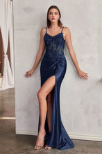 CD CD0176 - Stretch Satin Fit & Flare Prom Gown with Ruched Waist Sheer Sequin Boned Corset Bodice & Leg Slit PROM GOWN Cinderella Divine XXS NAVY 