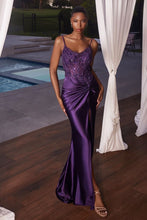 CD CD0176 - Stretch Satin Fit & Flare Prom Gown with Ruched Waist Sheer Sequin Boned Corset Bodice & Leg Slit PROM GOWN Cinderella Divine XXS PURPLE 