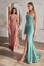 CD CD0176 - Stretch Satin Fit & Flare Prom Gown with Ruched Waist Sheer Sequin Boned Corset Bodice & Leg Slit PROM GOWN Cinderella Divine XXS ROBIN BLUE 