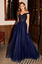 CD CD0177 - A-Line Off the Shoulder with Beaded Bodice Prom Gown with Sweetheart Neck & Layered Shimmering Tulle Skirt Prom Dress Cinderella Divine S NAVY 