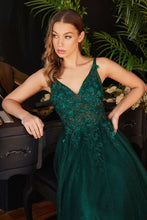 CD CD0181 - Shimmer Tulle A-Line Prom Gown with 3D Floral & Lace Embellished Sheer Boned Bodice PROM GOWN Cinderella Divine M EMERALD 