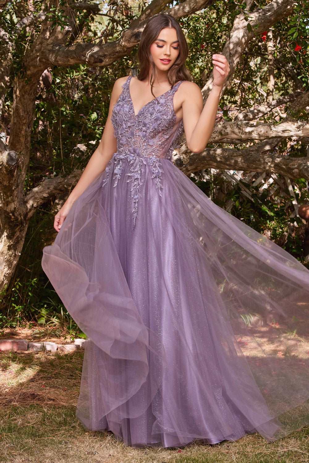 CD CD0181 - Shimmer Tulle A-Line Prom Gown with 3D Floral & Lace Embellished Sheer Boned Bodice PROM GOWN Cinderella Divine XS ENGLISH VIOLET 